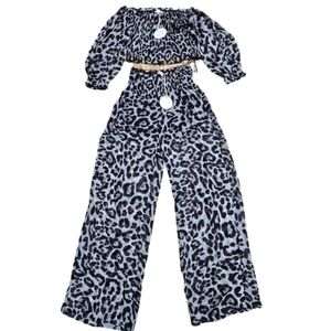 NWT Luxxel Women's Leopard Print Jumpsuit 2 Piece Set Off The Sholder Top Size L